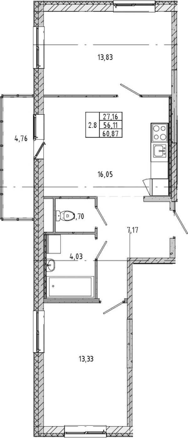 2-комнатная квартира 56.76 м², 5/17 эт., ЖК «Новые горизонты 2»
